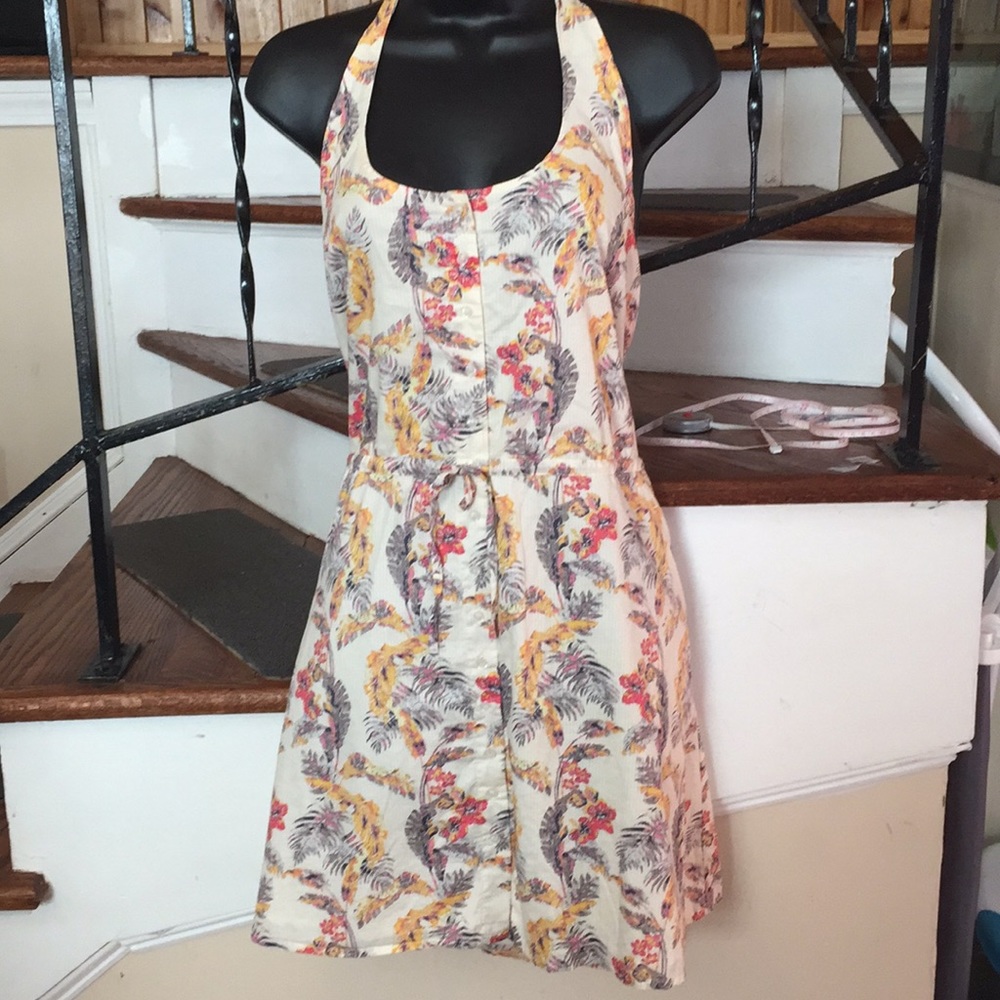 Floral & feather halter mini dress.